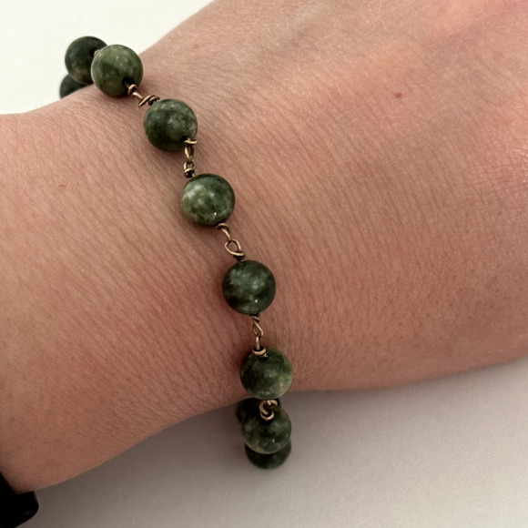 Vintage 14K Solid Yellow Gold Genuine Nephrite Jade Bead Ball Bracelet 6.75" - Picture 10 of 13